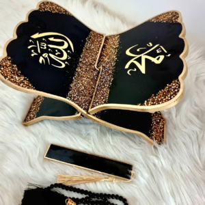 Personalised Black and Gold Quran stand with matching bookmark and Turkish Tasbeeh