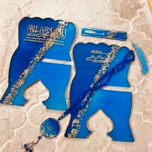 Personalised Blue and Gold Quran stand with matching bookmark and Crystal Resin Tasbeeh
