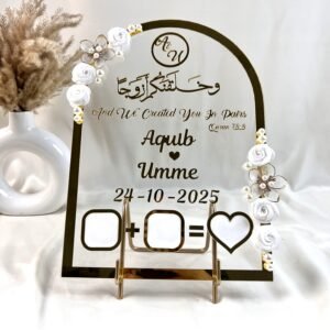Personalised acrylic Nikah frame with golden floral details, customised with couple’s names and wedding date